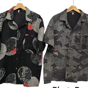 Men&#39;s Black Jepanes Summer Short Sleeve Shirt, Button Down , Japanese Seigaiha Wave Pattern, L,XL