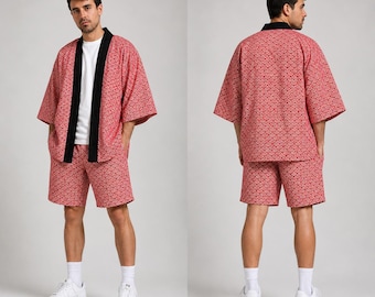Czerwony japoński komplet kimono, kurtka i szorty. Seigaiha Wave/Unisex Summer Happi Coat/100% bawełna