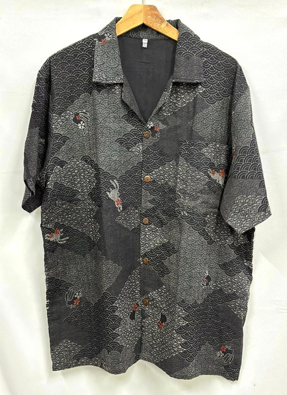 Men's Black Jepanes Summer Short Sleeve Shirt, Button Down