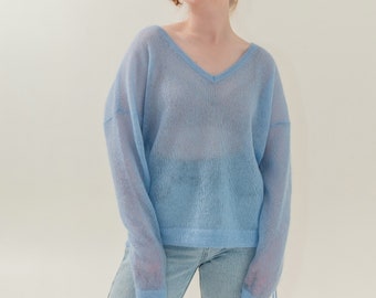 BLUE lightweight mohair v- necked oversized sweater