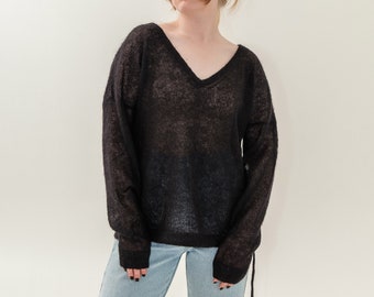 BLACK lightweight mohair v- necked oversized sweater