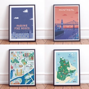 Grande Affiche 18'' x 24'' - Carte de Montréal, Carte du Québec, Five Roses, Vieux Port de Montréal