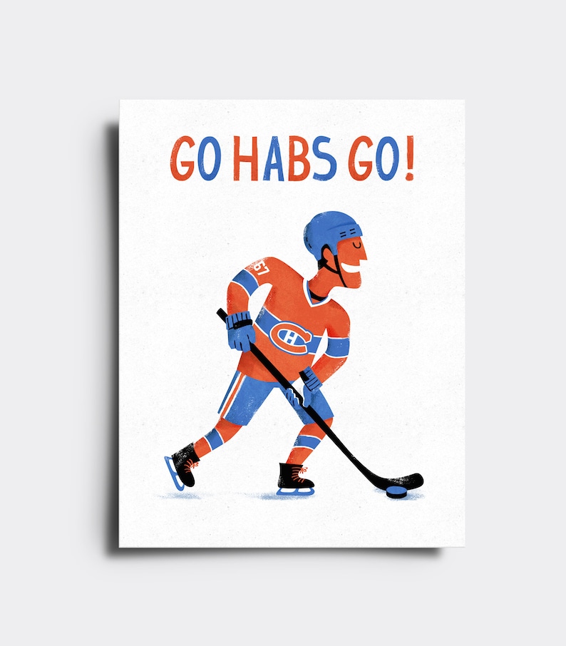 May include: A cartoon illustration of a hockey player wearing a blue and orange jersey with the letter 'H' on the front. The player is holding a hockey stick and is skating on the ice. The text 'GO HABS GO!' is written in red letters at the top of the image.