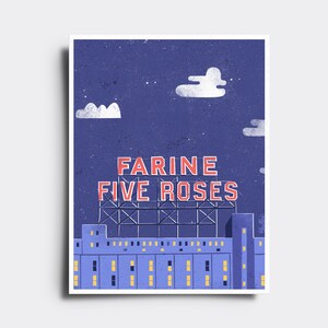 May include: A digital illustration of a building with a sign that reads 'FARINE FIVE ROSES' in red letters against a blue sky with white clouds. The building is a light blue color with yellow windows.