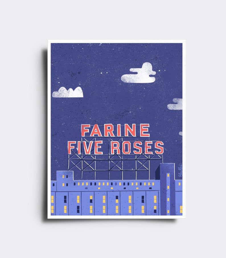 May include: A digital illustration of a building with a sign that reads 'FARINE FIVE ROSES' in red letters against a blue sky with white clouds. The building is a light blue color with yellow windows.