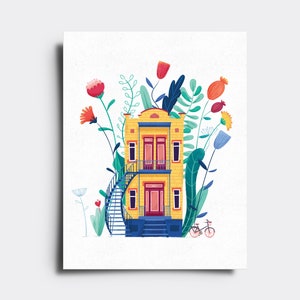 May include: A yellow two-story house with a blue staircase and a red bicycle in front of it. The house is surrounded by green plants and flowers in shades of red, pink, blue, and yellow.