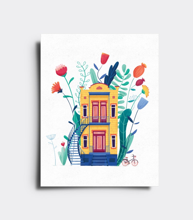 May include: A yellow two-story house with a blue staircase and a red bicycle in front of it. The house is surrounded by green plants and flowers in shades of red, pink, blue, and yellow.