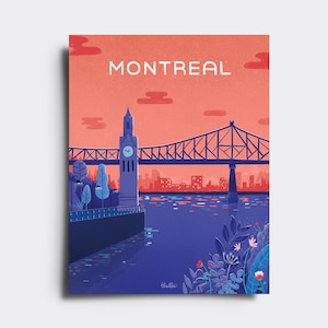 May include: A colorful illustration of the Montreal skyline with a bridge and a clock tower in the foreground. The sky is a light pink color with white clouds. The bridge is a dark blue color with a light blue railing. The clock tower is a dark blue color with a white clock face. The water is a dark blue color with a light blue reflection. The foreground is a dark blue color with green plants and red flowers. The text 'MONTREAL' is in white letters at the top of the image.