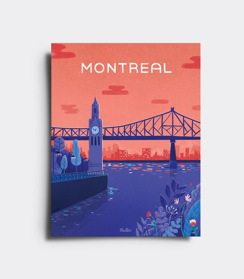 May include: A colorful illustration of the Montreal skyline with a bridge and a clock tower in the foreground. The sky is a light pink color with white clouds. The bridge is a dark blue color with a light blue railing. The clock tower is a dark blue color with a white clock face. The water is a dark blue color with a light blue reflection. The foreground is a dark blue color with green plants and red flowers. The text 'MONTREAL' is in white letters at the top of the image.