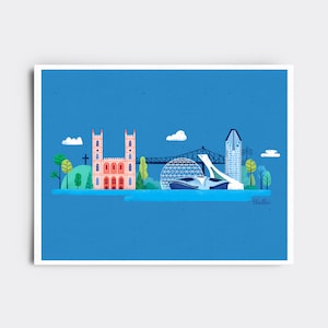 May include: A blue and white illustration of the Montreal skyline. The illustration includes the Notre-Dame Basilica, the Biosphere, and the Jacques Cartier Bridge. The illustration is on a blue background with white clouds and green trees. The text 'Elodie' is in the bottom right corner.
