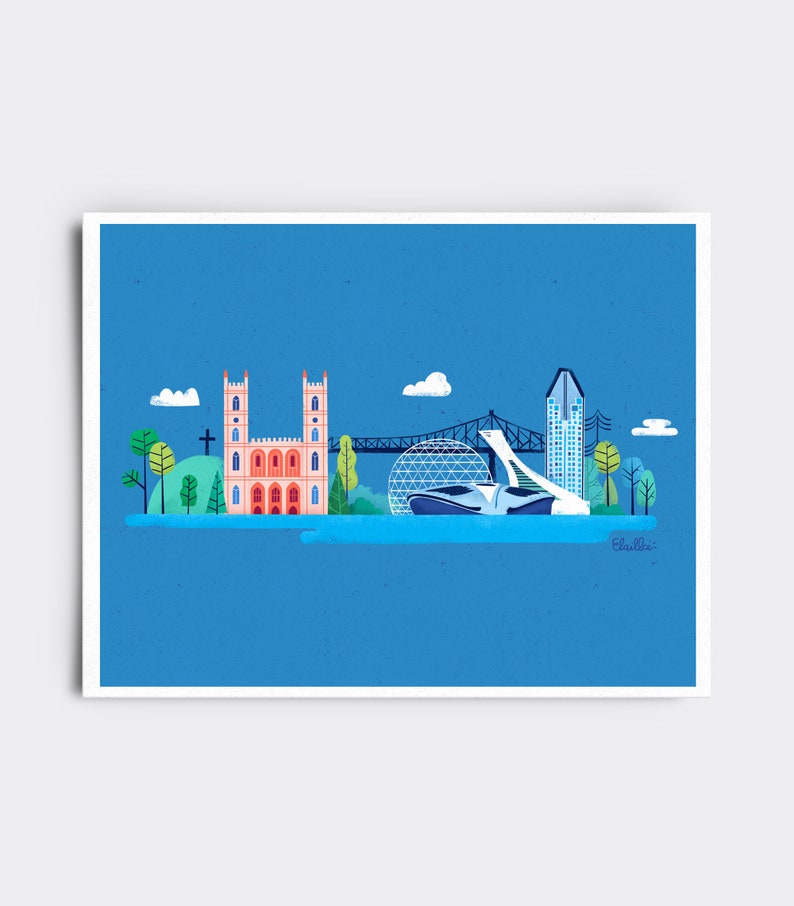 May include: A blue and white illustration of the Montreal skyline. The illustration includes the Notre-Dame Basilica, the Biosphere, and the Jacques Cartier Bridge. The illustration is on a blue background with white clouds and green trees. The text 'Elodie' is in the bottom right corner.