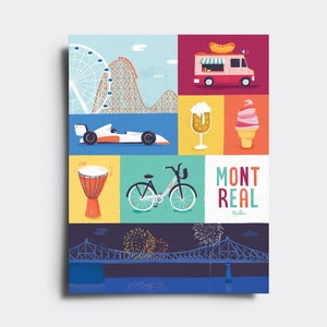 May include: A colorful illustration of various Montreal landmarks and activities. The illustration is divided into nine squares. The top left square shows a Ferris wheel and a roller coaster. The top middle square shows a food truck with a hot dog on top. The top right square shows a glass of beer and a cone of ice cream. The middle left square shows a race car. The middle middle square shows a bicycle. The middle right square shows the text 'MONTREAL' in white letters on a red background. The bottom left square shows a drum. The bottom middle square shows fireworks over a bridge. The bottom right square shows the text 'Chillax' in white letters on a black background.