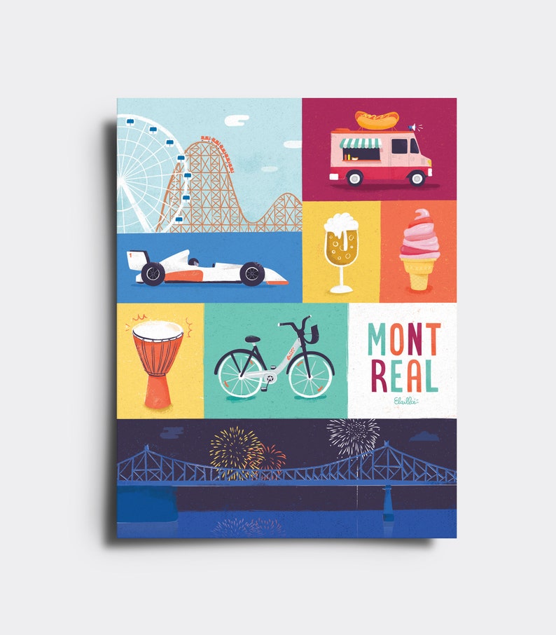 May include: A colorful illustration of various Montreal landmarks and activities. The illustration is divided into nine squares. The top left square shows a Ferris wheel and a roller coaster. The top middle square shows a food truck with a hot dog on top. The top right square shows a glass of beer and a cone of ice cream. The middle left square shows a race car. The middle middle square shows a bicycle. The middle right square shows the text 'MONTREAL' in white letters on a red background. The bottom left square shows a drum. The bottom middle square shows fireworks over a bridge. The bottom right square shows the text 'Chillax' in white letters on a black background.