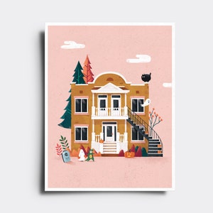 May include: A cartoon illustration of a brown house with a black cat on the roof, a white ghost in a window, and a black and white staircase. There are two trick-or-treaters in front of the house, one is a ghost and the other is a green monster. The house is surrounded by green bushes and orange pumpkins. The background is a light pink color.