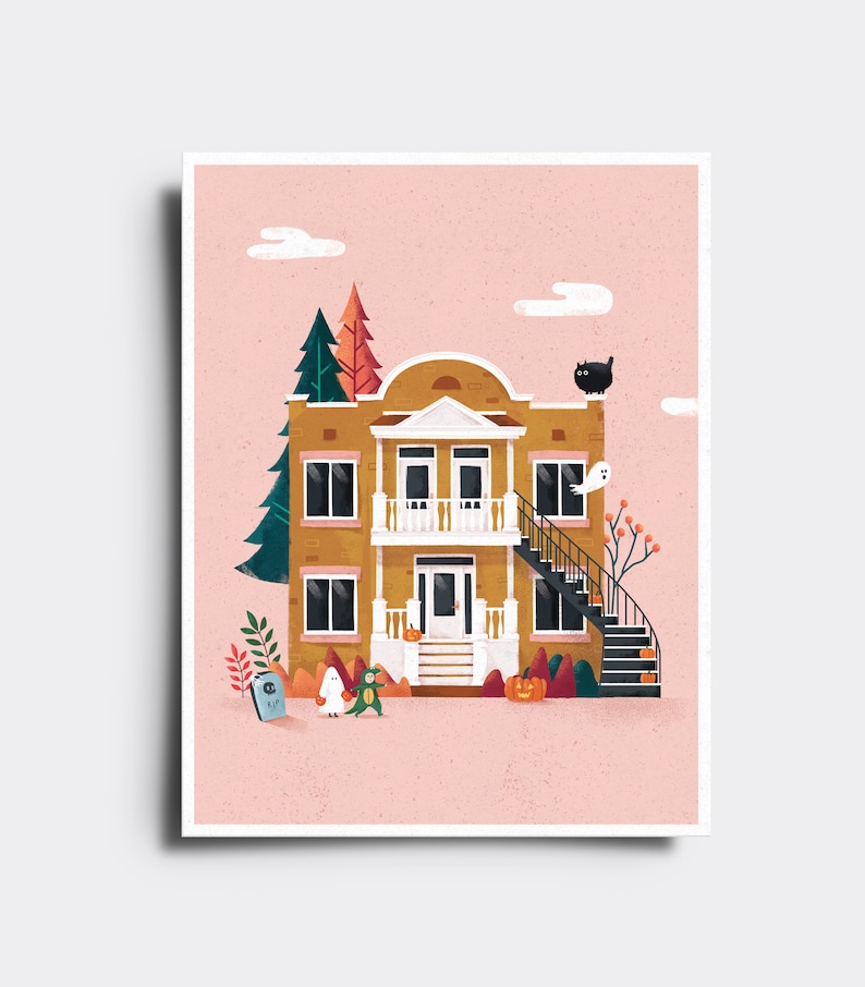 May include: A cartoon illustration of a brown house with a black cat on the roof, a white ghost in a window, and a black and white staircase. There are two trick-or-treaters in front of the house, one is a ghost and the other is a green monster. The house is surrounded by green bushes and orange pumpkins. The background is a light pink color.