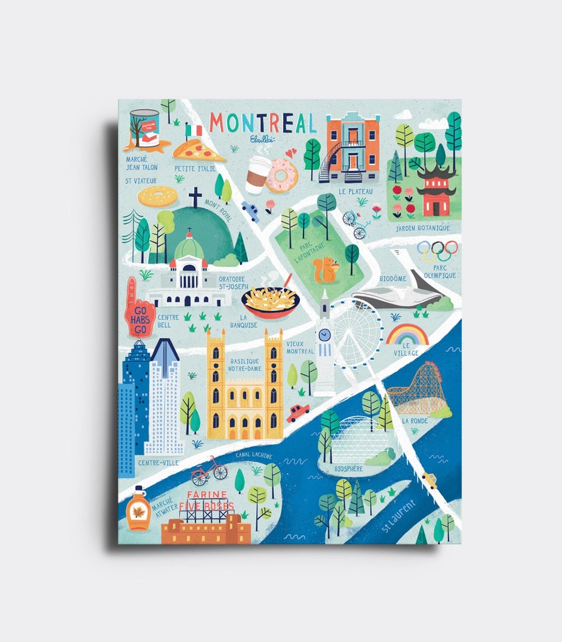 May include: A colorful illustrated map of Montreal, Quebec, Canada. The map features landmarks such as the Olympic Stadium, Mount Royal, the Biodome, and the Old Port. The map also includes various icons representing different aspects of Montreal, such as food, sports, and culture. The map is titled 'Montreal' with the subtitle 'Elle est belle.'