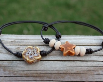 Autumn bracelet, leather bracelet, leather ceramic bracelet, ceramic bracelet, flower ceramic bracelet, star ceramic bracelet, brown jewelry