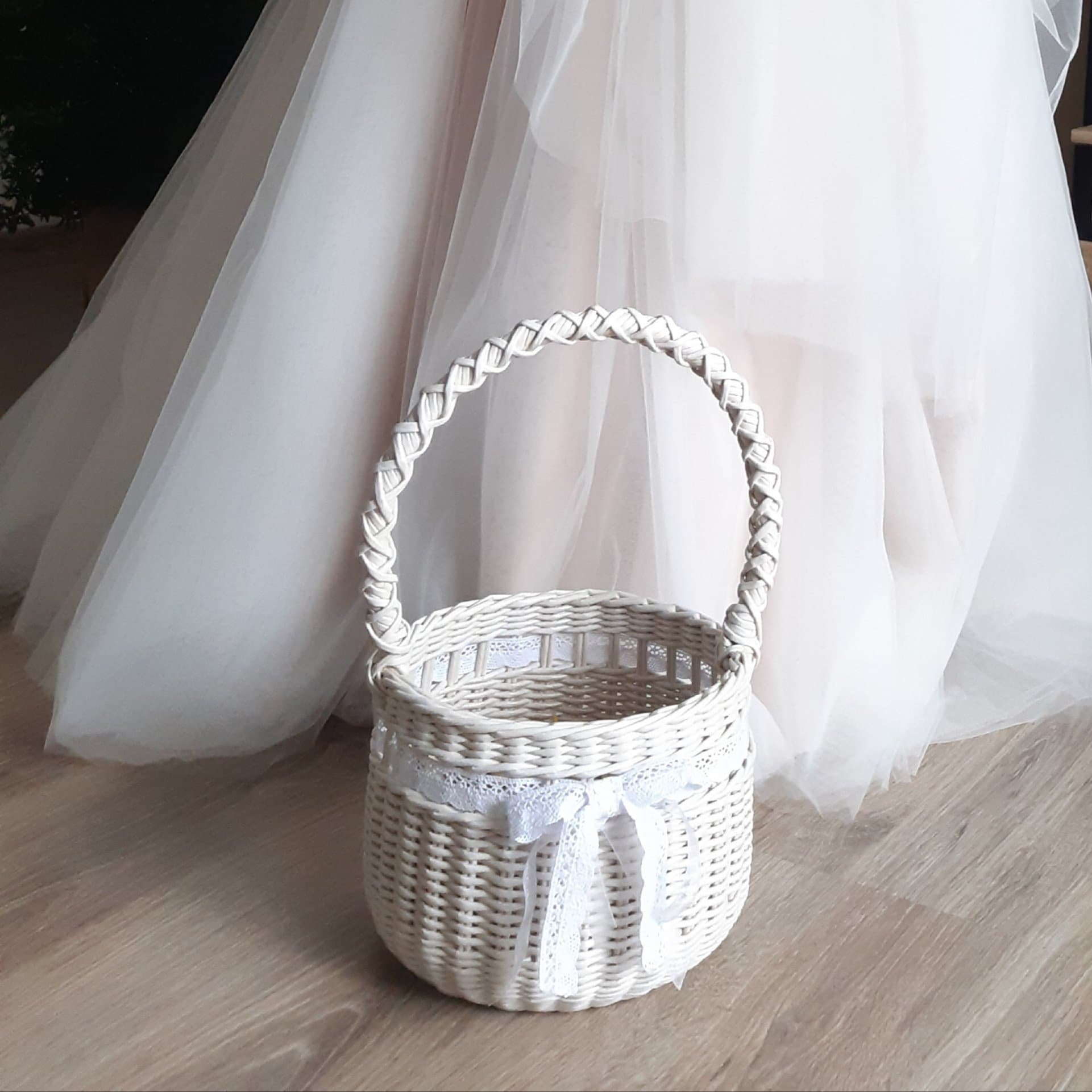 Handwoven wedding basket White wicker basket with handle and Etsy
