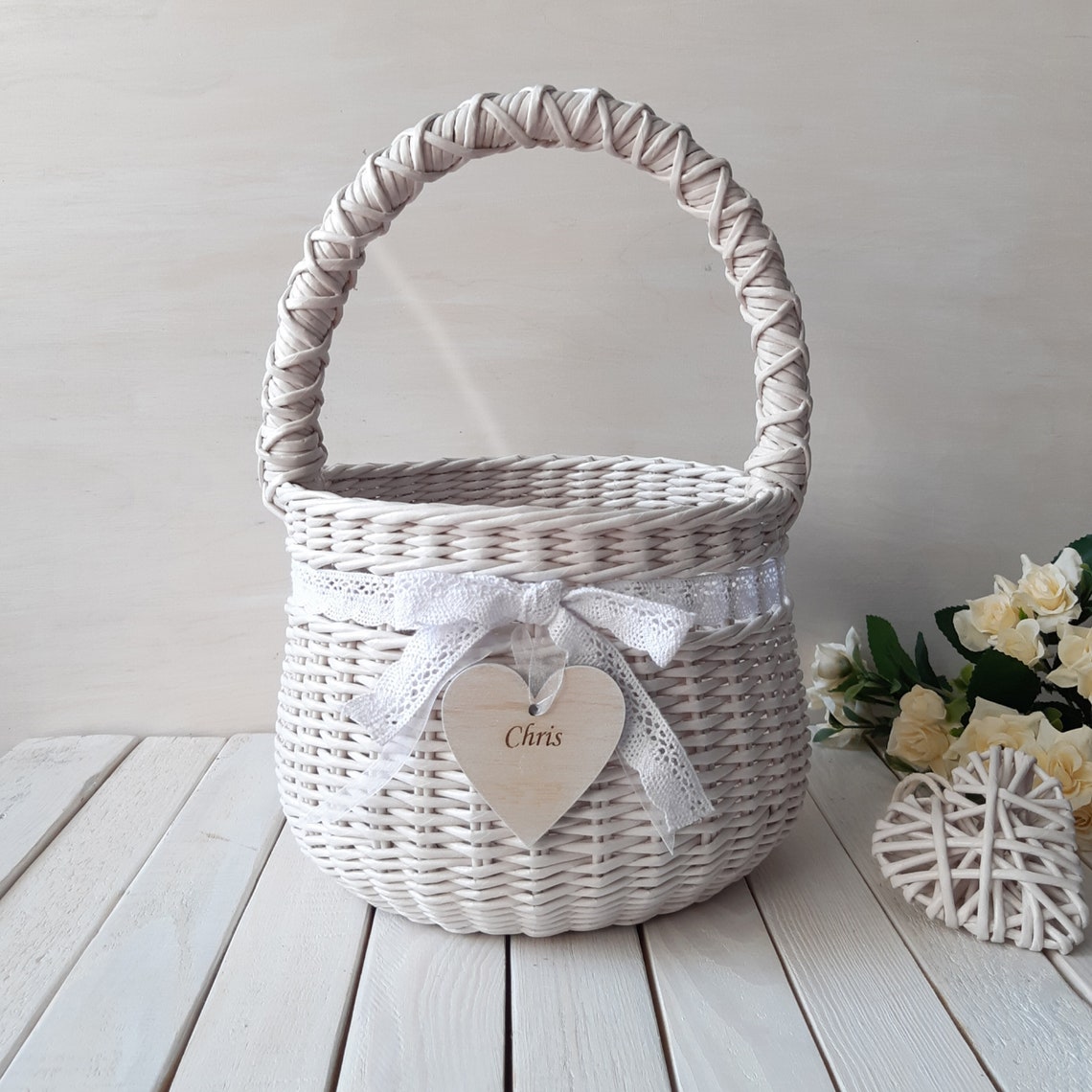 Wedding wicker basket with handle and lace bow Personalized Etsy