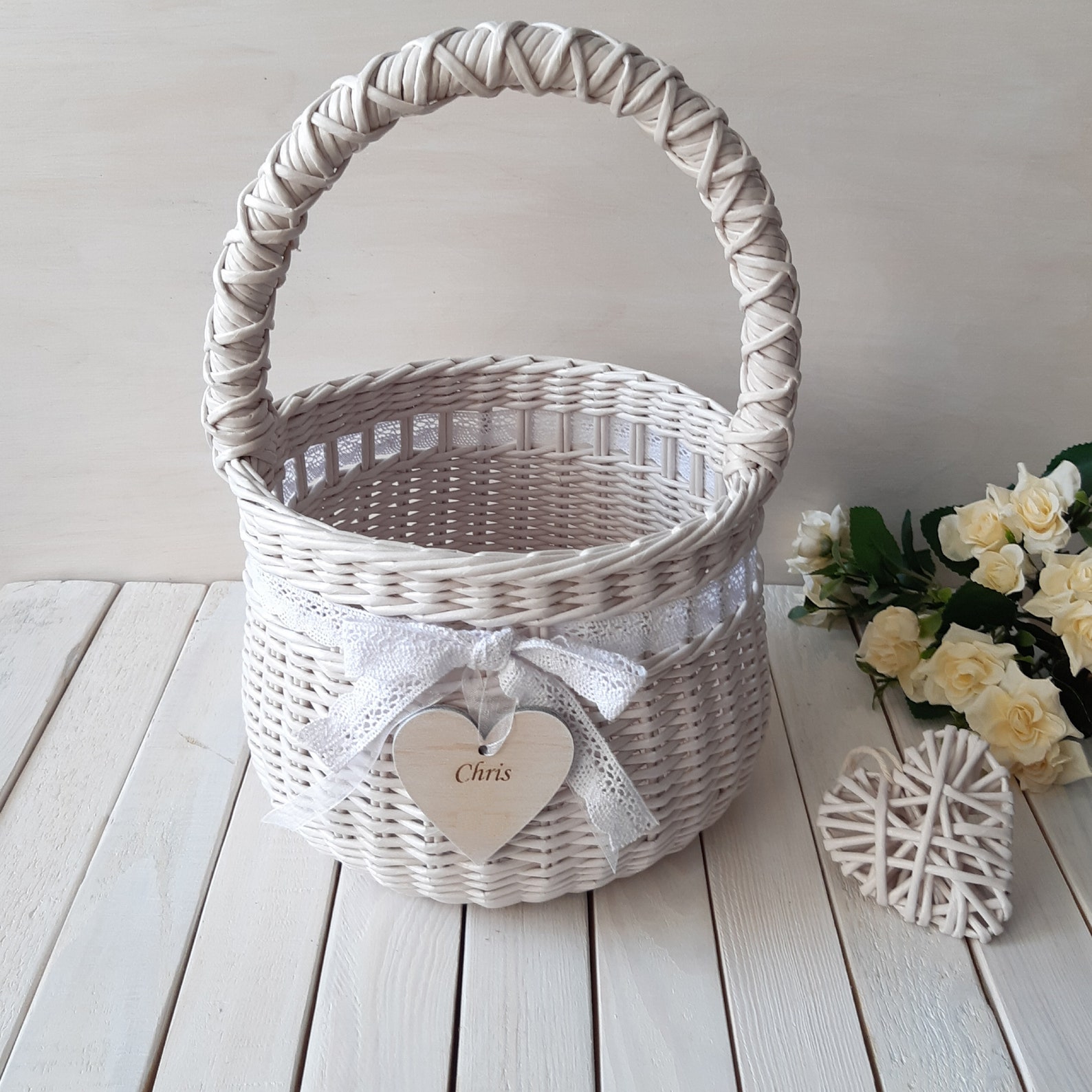 Wedding wicker basket with handle and lace bow Personalized Etsy