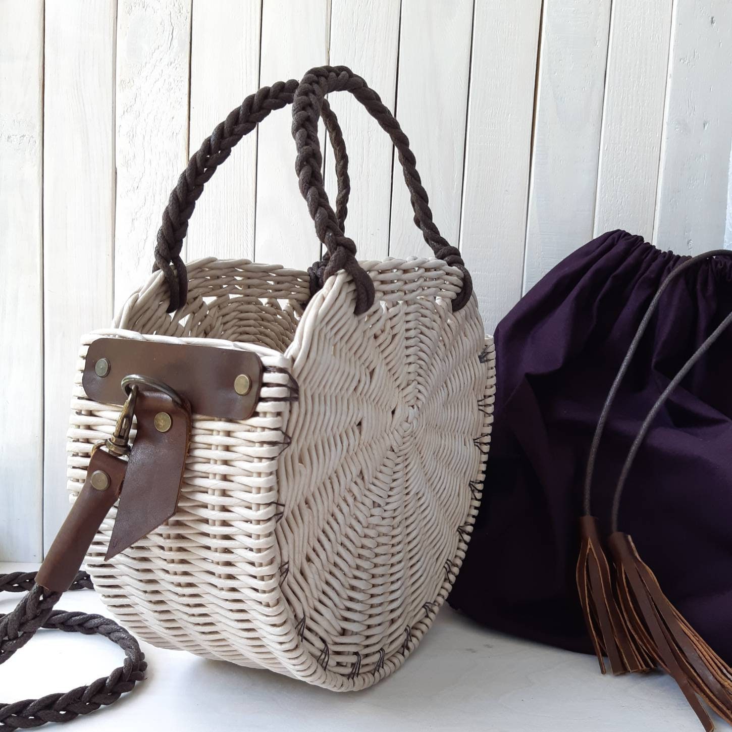 round wicker handbag