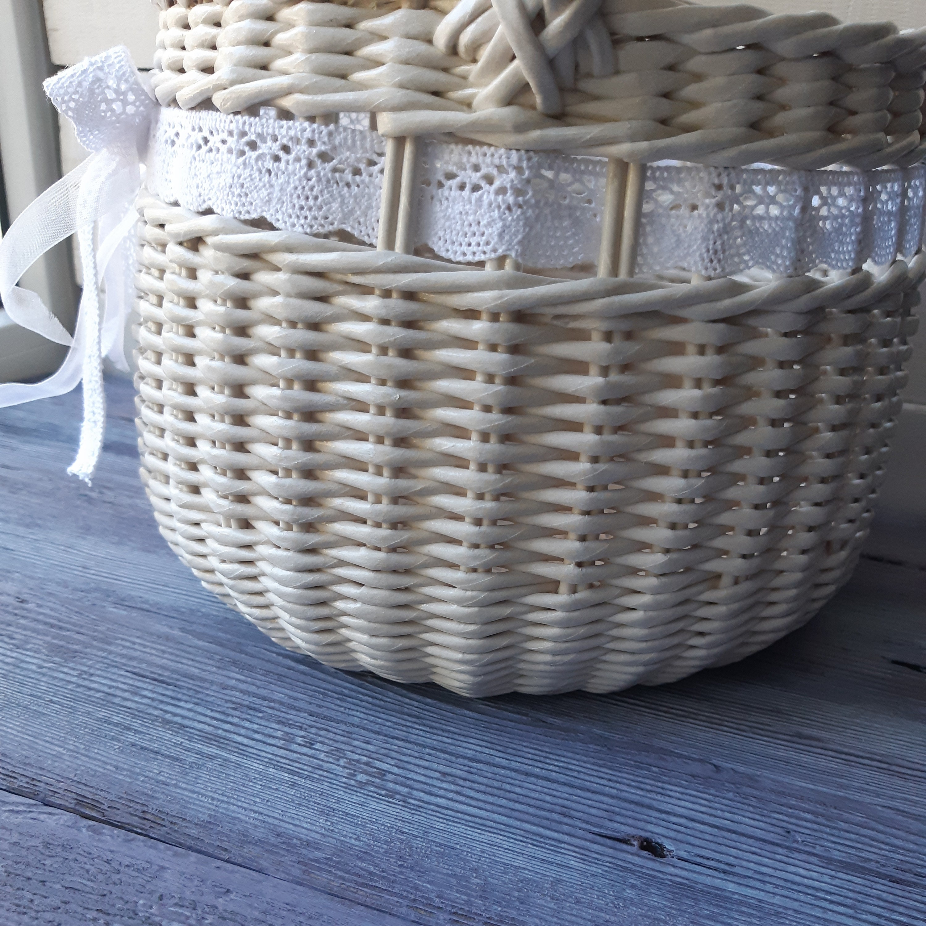 Handwoven wedding basket White wicker basket with handle and Etsy