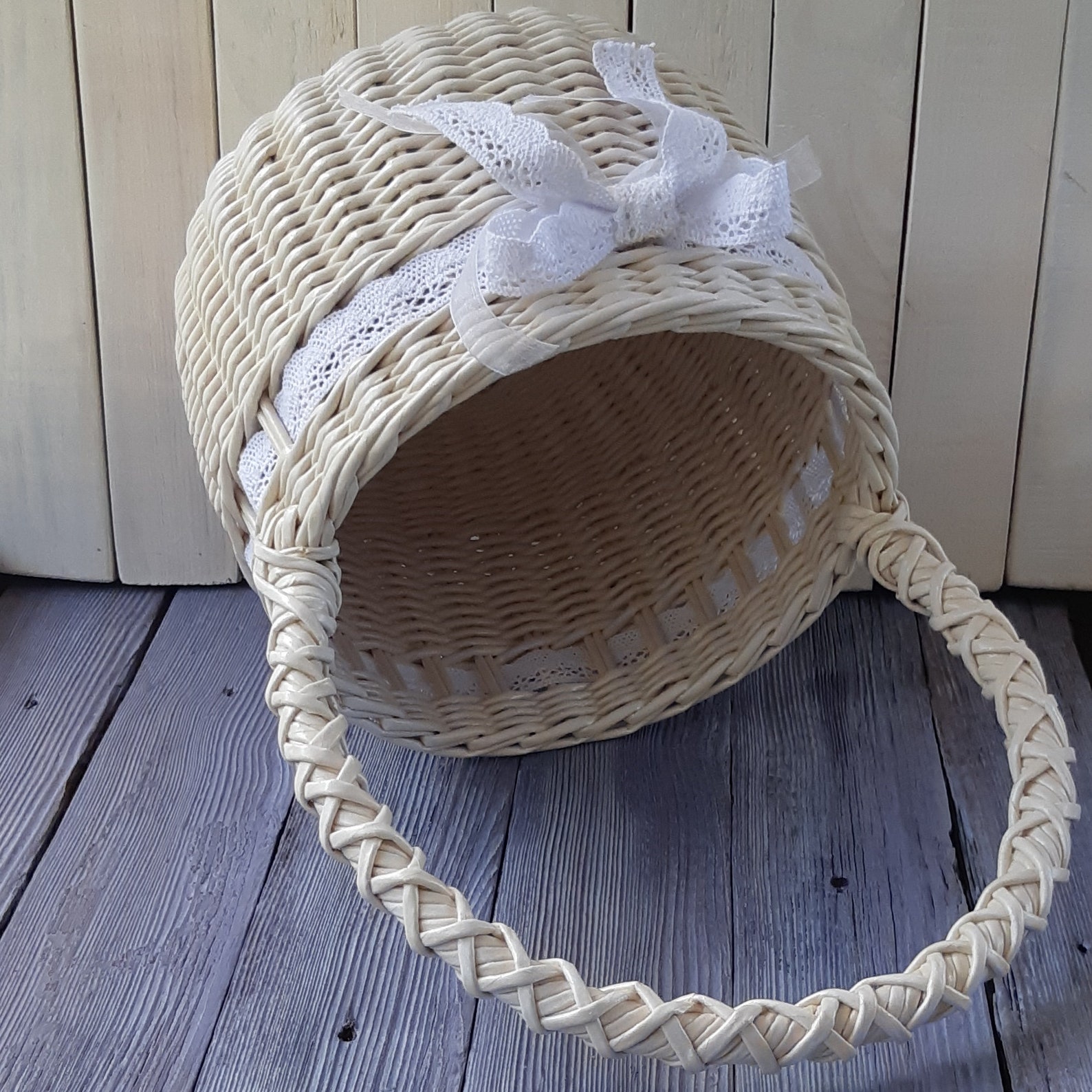Handwoven wedding basket White wicker basket with handle and Etsy