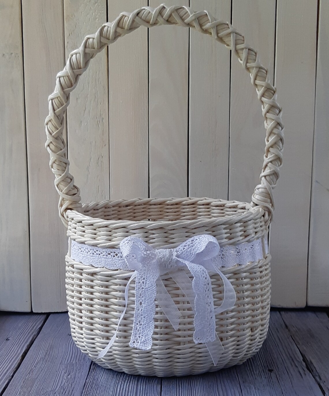 Handwoven wedding basket White wicker basket with handle and Etsy