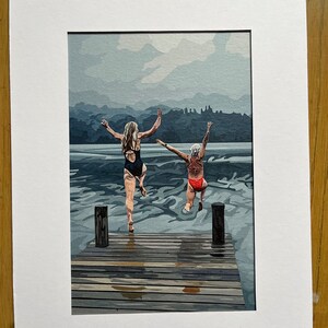 Jumping off the jetty. Wild swimming joy. A6 digitally hand drawn print