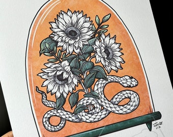 Snake & Sunflower Botanical Print/ Nature Art/ Wall Decor/ Wall Art/ Snake Illustration/ Snake Art/ Print/ Digital Art Print A6/ A5/ A4/ A3
