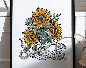 Digitale kunstdownload slang en zonnebloem