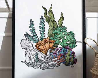 Pulpo y coral / Arte mural / Decoración de pared / Impresión / Ilustración botánica / Arte digital Descargar