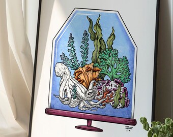 Cúpula de pulpo y coral / Arte de pared / Decoración de pared / Impresión / Ilustración botánica / Arte digital Descargar