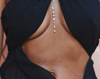 7 White CZ Crystals Body Chain - 18k Gold Plated Body Jewelry - Boho Beach Jewelry for Women - High Quality - Waterproof