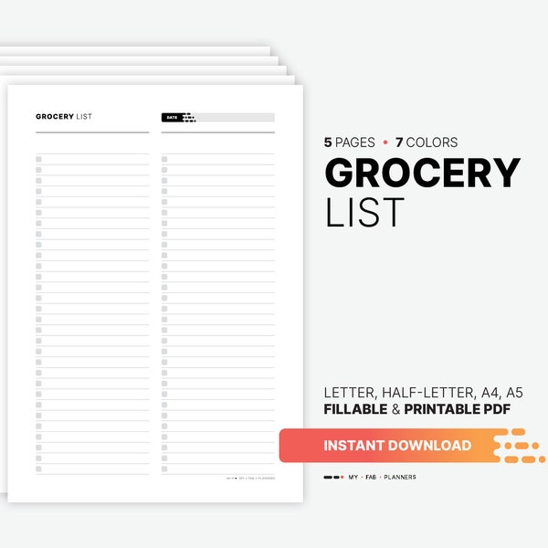 Grocery List Template, Fillable Store Shopping Checklist Planner, Weekly and Fridge Printable Letter, Half-letter, A4, A5 PDF Template