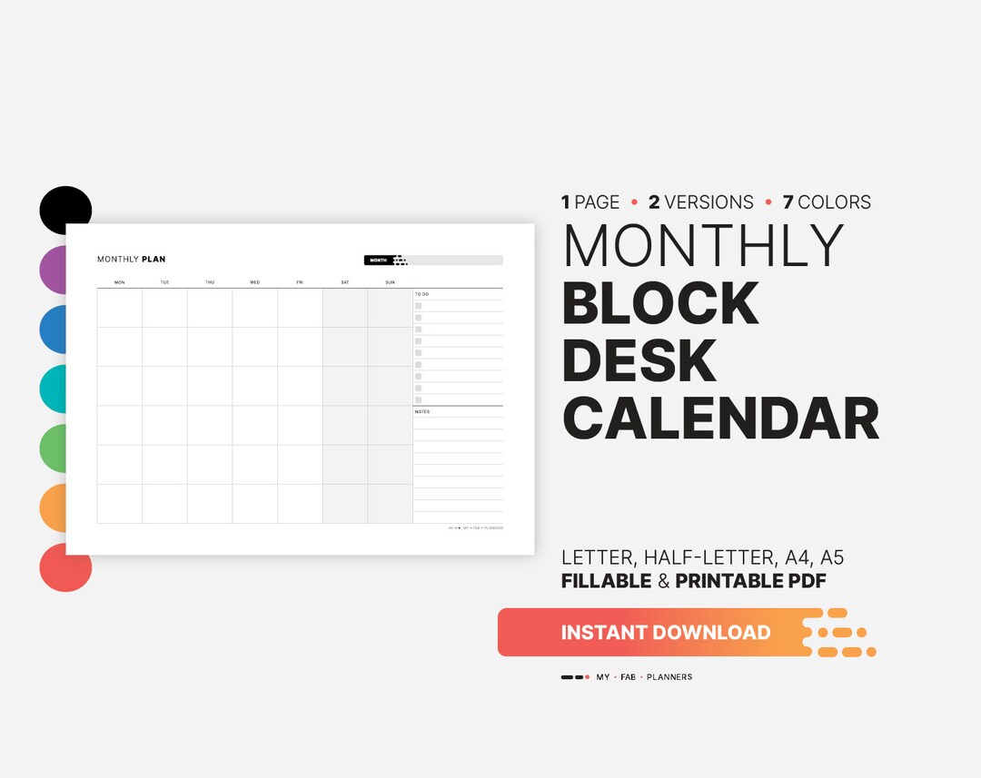 Monthly Block Desk Calendar Fillable Blank Blocks Planner Etsy