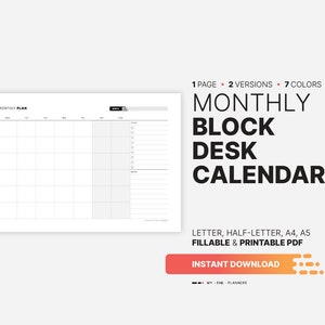 Calendario de escritorio mensual con bloques, planificador con bloques en blanco para rellenar, vista general del mes, formato carta, media carta, tamaño A4, A5, plantilla PDF