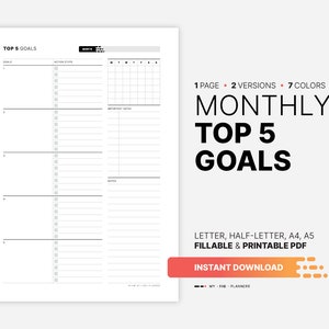 Monthly Top 5 Goal Setting, To Do List, Action Plan at a Glance, Overview Template, Fillable Goal Checklist Planner, Printable Digital PDF