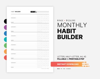 Monthly Habit Tracker, Fillable Worksheet Chart (Printable PDF)