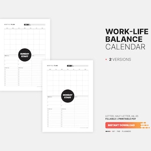 2 Versions: Sunday and Monday Start for Monthly Work-Life Balance Calendar & Goal Action Plan, Task List, Fillable Numbers, Blank Printable Letter, Half-letter, A4, A5 PDF Template