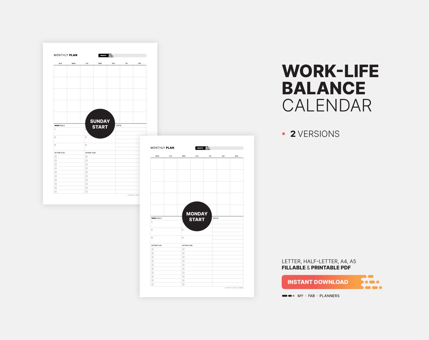 Monthly Work-life Balance Calendar & Goal Action Plan, Task List ...