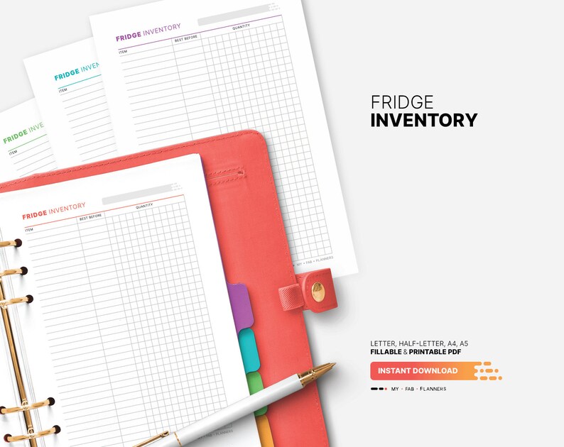 Fridge Inventory, Kitchen Storage Organization Planner, Food and Meal Storage List, Tracker, Organizer, Fillable Letter, A4, A5 PDF Template