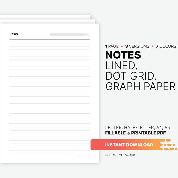 Note Taking Template, Printable Lined, Ruled, Dot Grid, Graph Paper, Fillable Digital Notes Organizer, Notepad Sheets, Notebook Pages A5 PDF