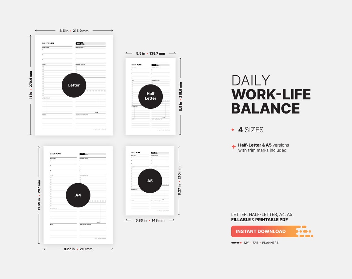 Daily Work Life Balance Planner, Fillable Goals, Work in Progress Log ...
