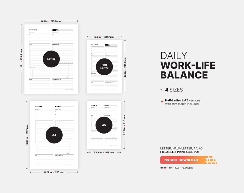 Daily Work Life Balance Planner, Fillable Goals, Work in Progress Log ...
