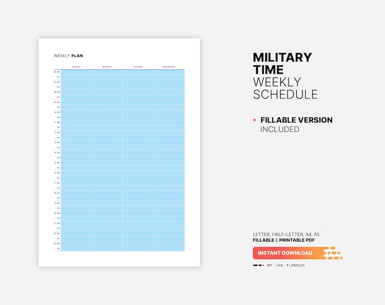 Military Time Weekly Schedule, Printable Productivity Planner Inserts ...
