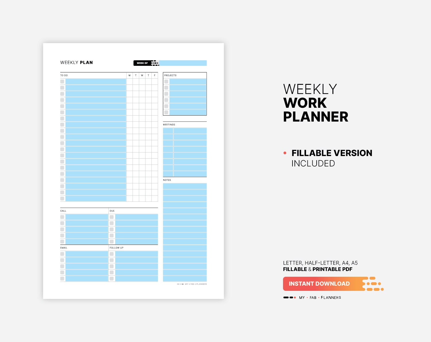 Weekly Work Planner, Printable Productivity at Home Agenda Checklist ...