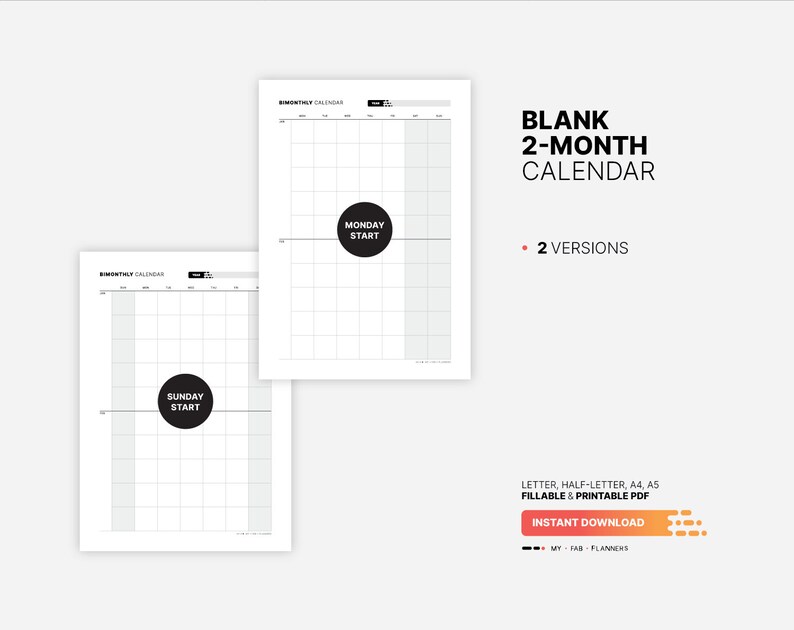 Blank 2-month Calendar, Printable Undated Monthly Productivity Planner ...