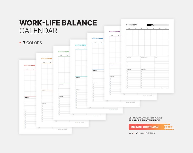 7 Color Variations Included: red, orange, green, teal, blue, purple, black for Monthly Work-Life Balance Calendar & Goal Action Plan, Task List, Fillable Numbers, Blank Printable Letter, Half-letter, A4, A5 PDF Template
