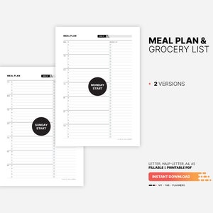 2 Versions:  version 1 - BSLSD (Breakfast, Snacks, Lunch, Snacks, Dinner) and version 2 - BLD (Breakfast, Lunch, Dinner) for Weekly Meal Plan & Grocery List Planner, Fillable Meal Idea Tracker, Grocery Checklist, Printable Letter, A4, A5 PDF Template